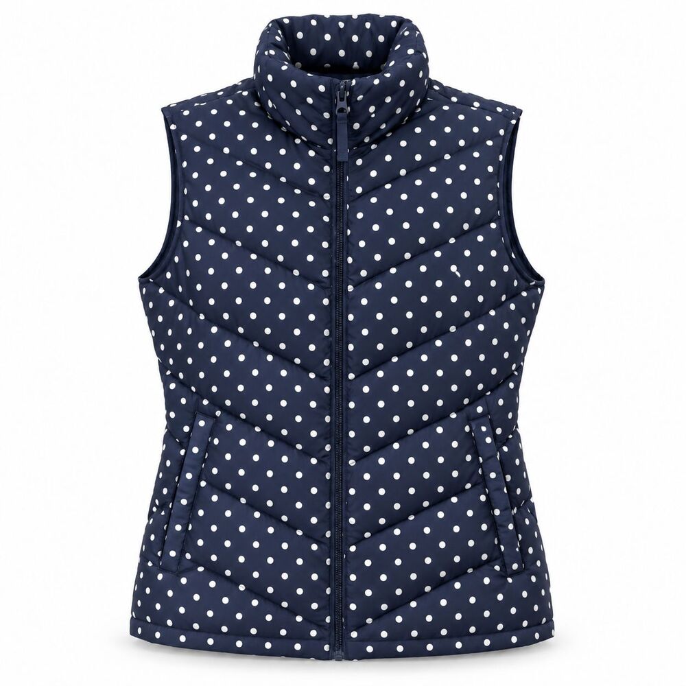 Lands End Polka Dot Down Puffer Vest Quilted Insulated Womens L Tall Navy Blue